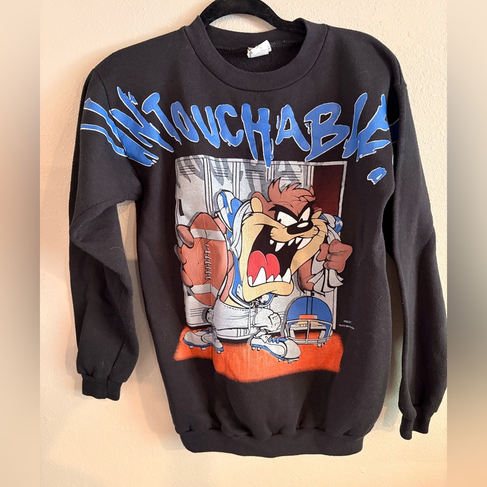 Vintage 1990s Warner Bros. Black 'Untouchable' Taz Football Crewneck